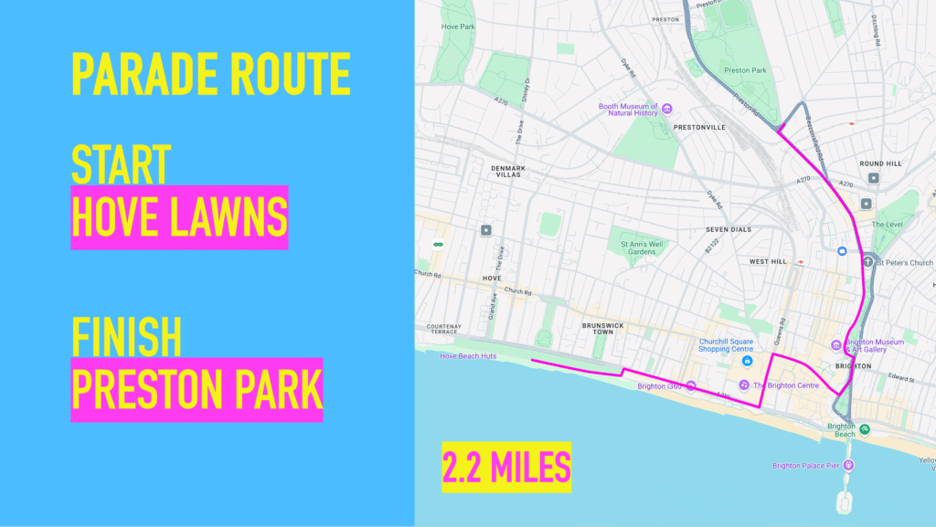 A map showing the route of the Brighton Pride Parade 2025